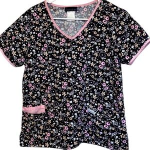 Cherokee Ditsy Pink Black Floral Scrub Top Small
